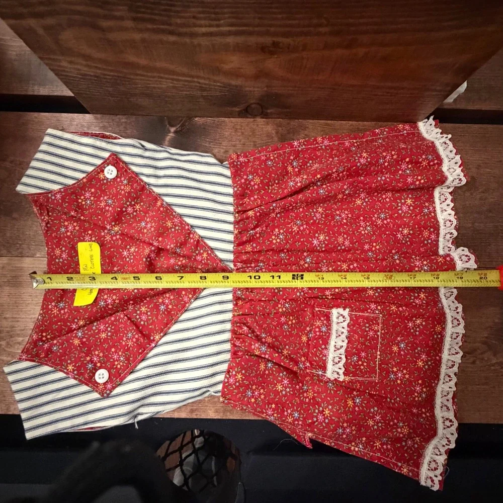 Handmade Vintage Style Clothespin Holder Apron Red Floral Ticking Stripe Lace